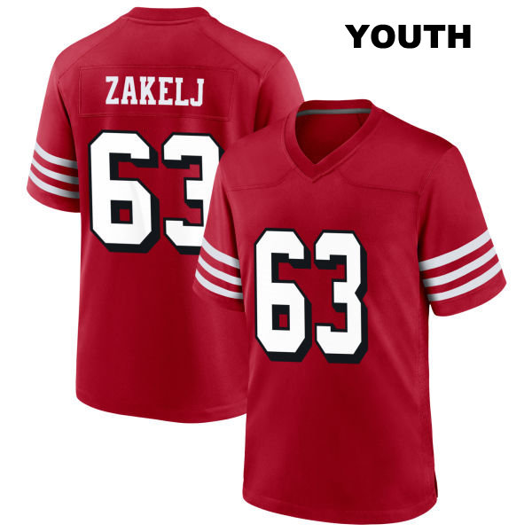 Nick Zakelj Stitched San Francisco 49ers Youth Number 63 Alternate Scarlet Football Jersey