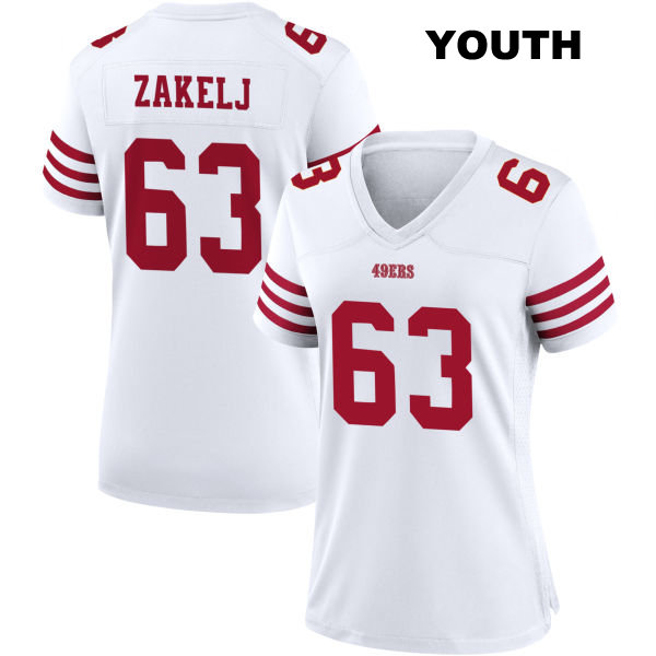 Stitched Nick Zakelj Home San Francisco 49ers Youth Number 63 White Football Jersey